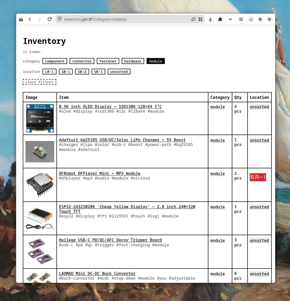 Screenshot of a browser window showing a table of inventory items