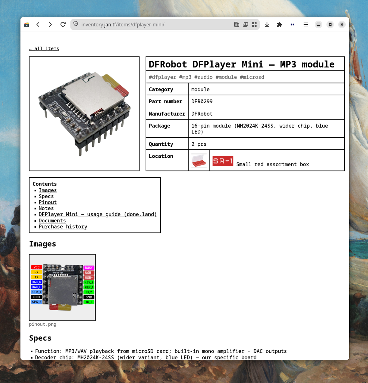 Screenshot of a browser window showing a specific inventory item